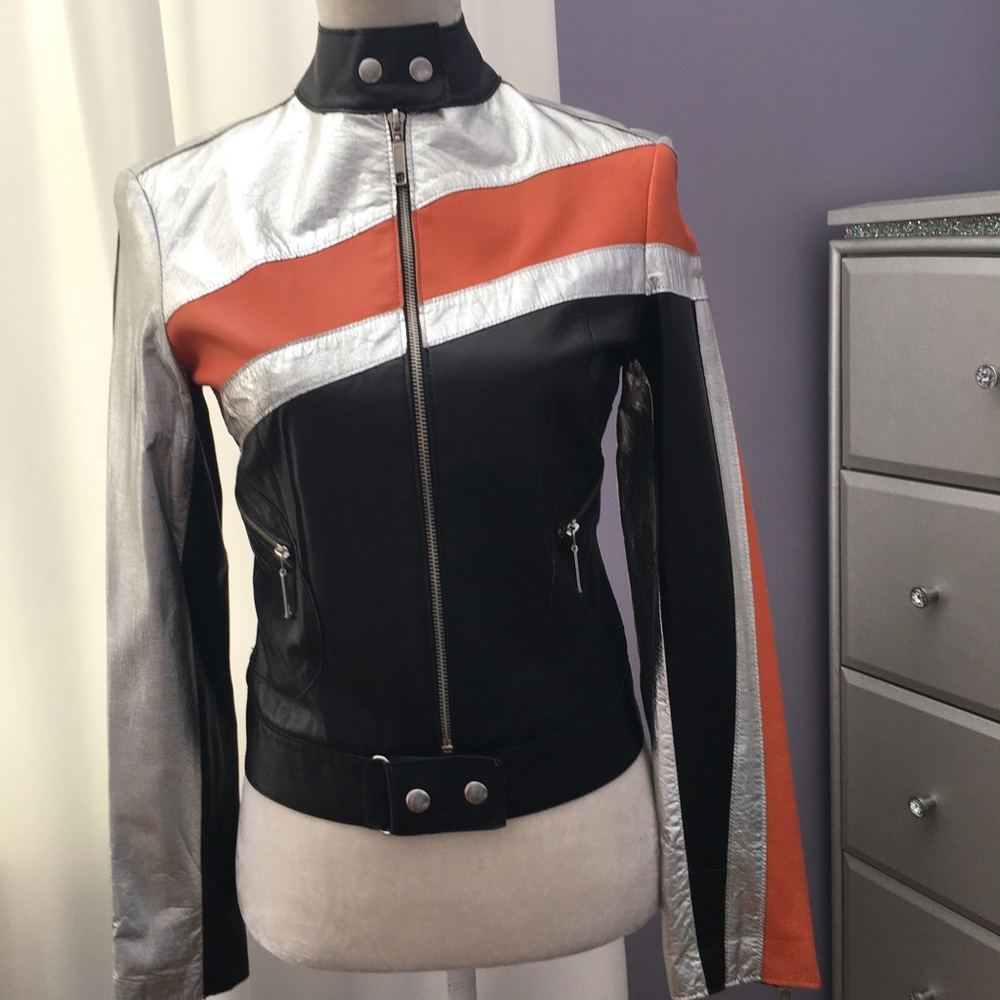 Unique sexy Bebe leather moto jacket size small color block zipper snaps pockets